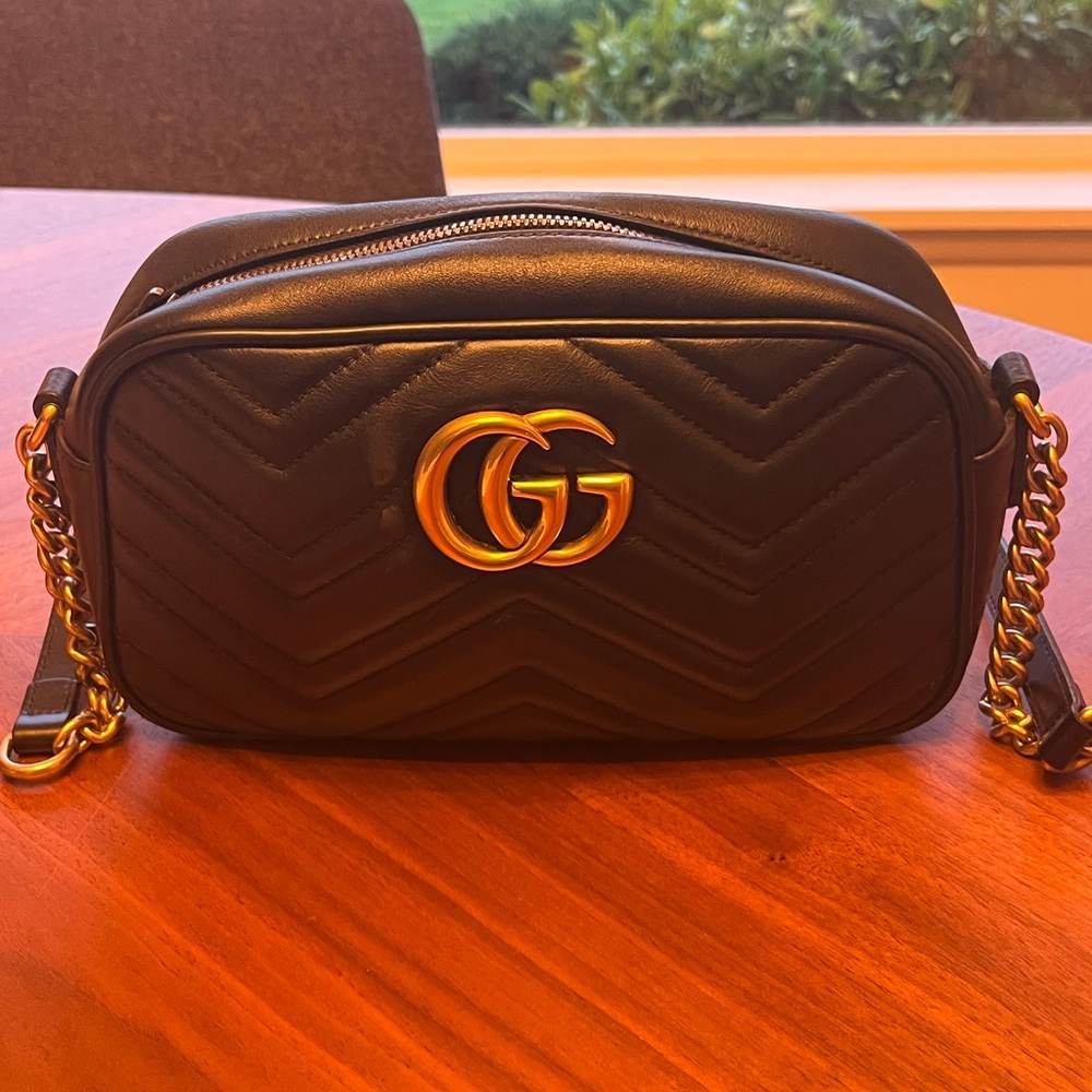 Gucci GG Marmont Small Shoulder Bag Black Leather with Gold GG